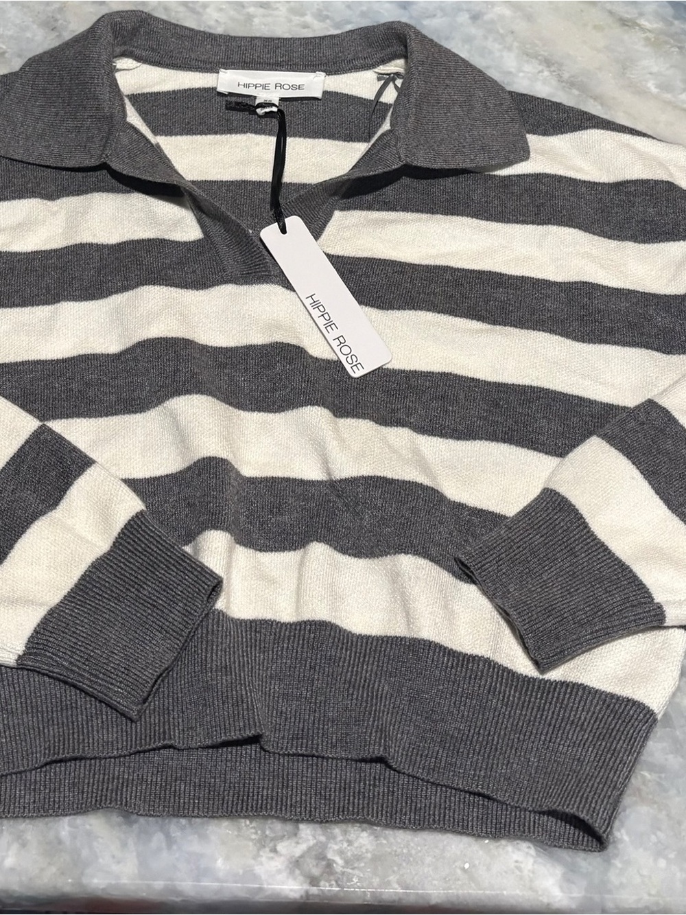 Hippie Rose Gray White Cropped Striped Collared Sweater Size XS New W/ Tags